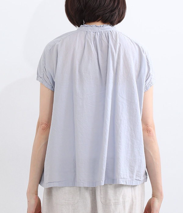 コットンボイル日本製品染　フリル襟フレンチスリーブシャツ(C・ミストブルー)