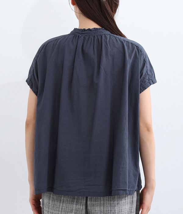 コットンボイル日本製品染　フリル襟フレンチスリーブシャツ(D・グレーネイビー)