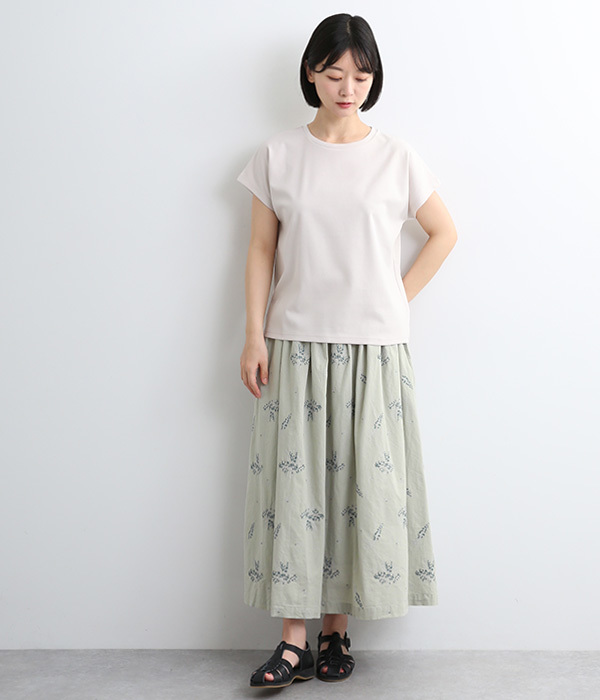 コットン平織総柄刺繍　ギャザースカート(A・ライトグリーン)
