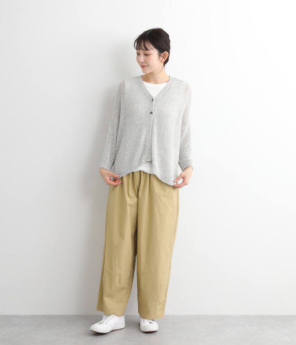 コットンリネン平織　裾タックバルーンパンツ(B・カーキ)