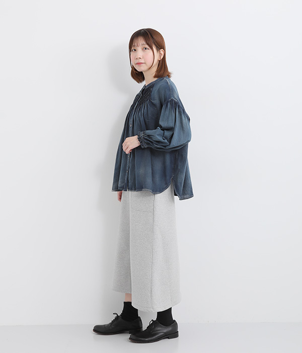 コットンデニムボイルギャザーブラウス(B・ネイビー)【再入荷