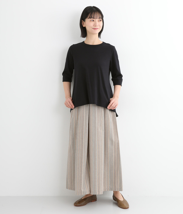 コットン細ストライプワイドパンツ(ベージュ)