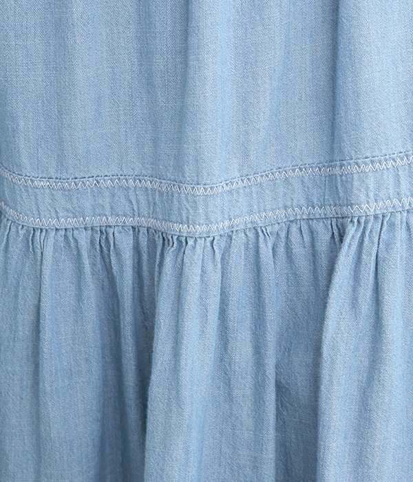 ムラ糸デニムギャザースカート(A・ブルー)