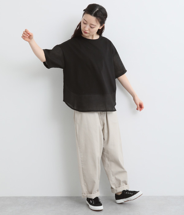 【LaLaquesera】コットンリネン切替Tシャツ(B・ブラック)