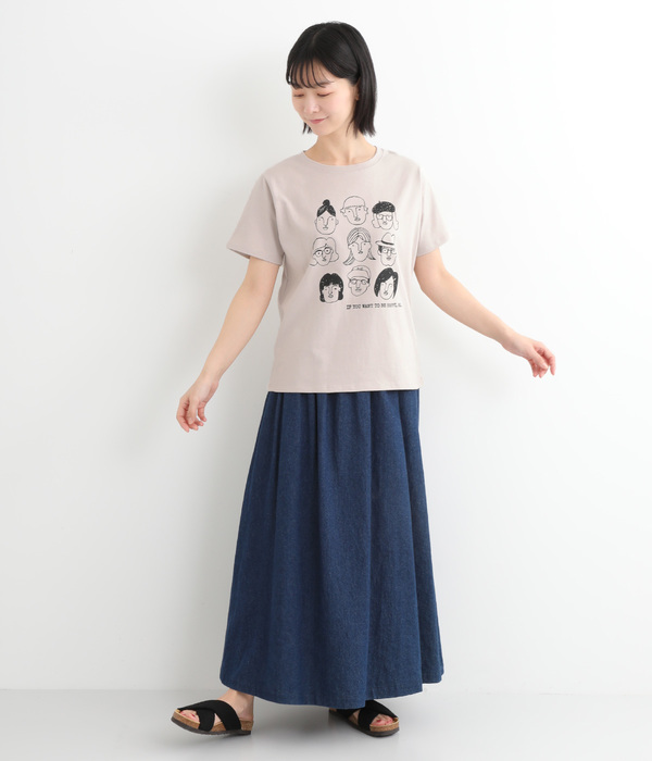 コットン天竺顔イラストプリントTEE(C・チャコール)
