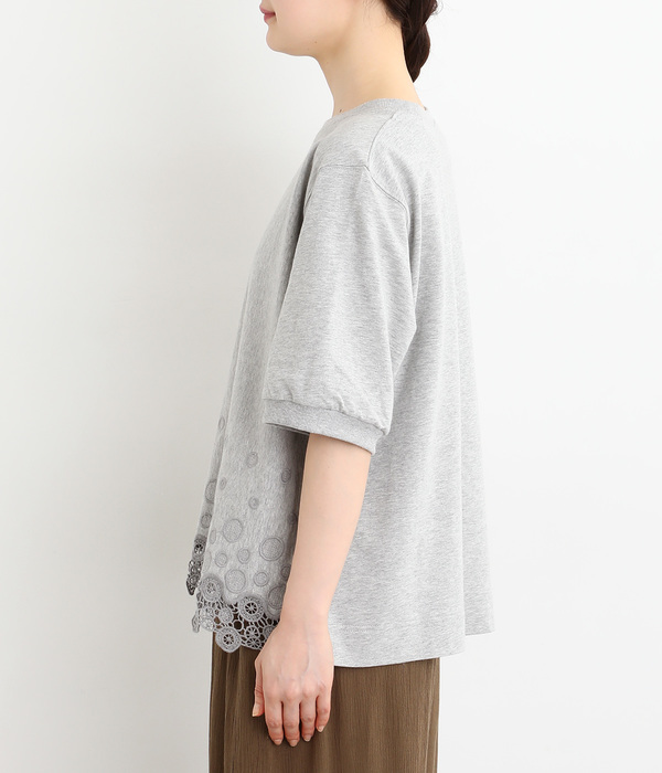 ミニ裏毛サークルスカラップケミカルレースTシャツ(B・杢グレー)