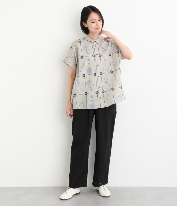 SUPER HAKKA×オバタクミ｢心の中の絵本｣総刺繍ドルマンシャツ(A・ベージュ)