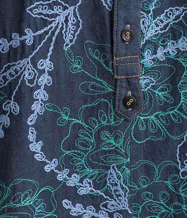 ライトオンスデニム ビオニーリーフ刺繍チュニックシャツ(B・ネイビー)