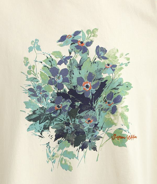 シルケット天竺アンティークフラワープリント　ロゴ刺繍ロングスリーブTシャツ(B・ネイビー)