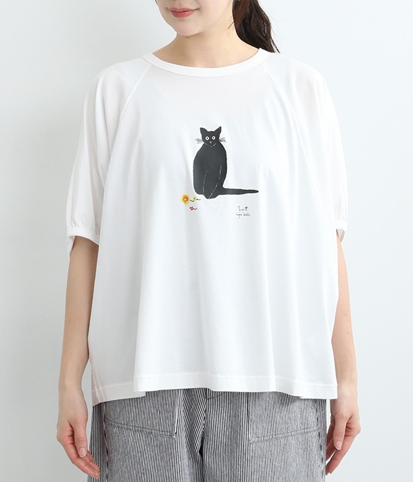 SUPER HAKKA×椎木彩子｢猫と､花｣プリントドルマンTシャツ(A・オフホワイト)