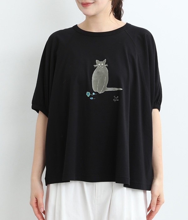 SUPER HAKKA×椎木彩子｢猫と､花｣プリントドルマンTシャツ(C・ブラック)