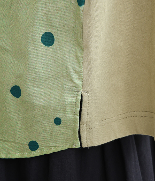 フラワーリング刺繍 ランダムドットプリント×天竺シャツブラウス(A・グリーン×カーキ)