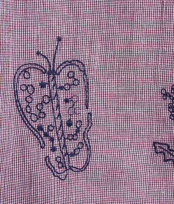 SUPER HAKKA×えんどうゆりこ｢ささやかなおひろめ｣刺繍 コットンリネンギンガムチェックギャザーフレアパンツ(A・パープル)