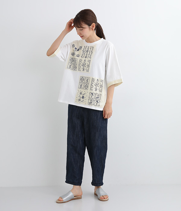 30番手天竺×60コットンローン フレームフラワー刺繍 パッチワークTシャツ(A・オフホワイト)