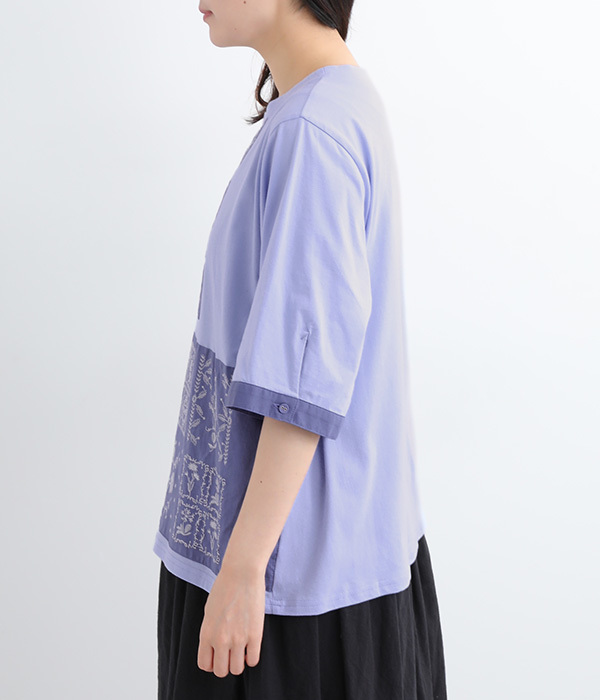30番手天竺×60コットンローン フレームフラワー刺繍 パッチワークTシャツ(B・ブルー)
