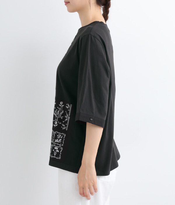 30番手天竺×60コットンローン フレームフラワー刺繍 パッチワークTシャツ(C・ブラック)