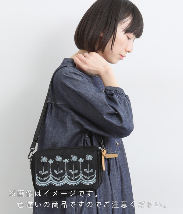｢glanta｣フラワースカラップ刺繍ウォレットショルダーバッグ(A・グリーン)