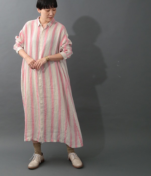 リネンストライプシャツドレス(ピンク)