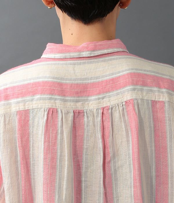 リネンストライプシャツドレス(ピンク)