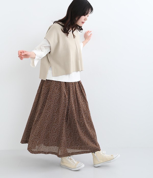 ドットプリントボリュームギャザースカート(A・ブラウン×ホワイト)