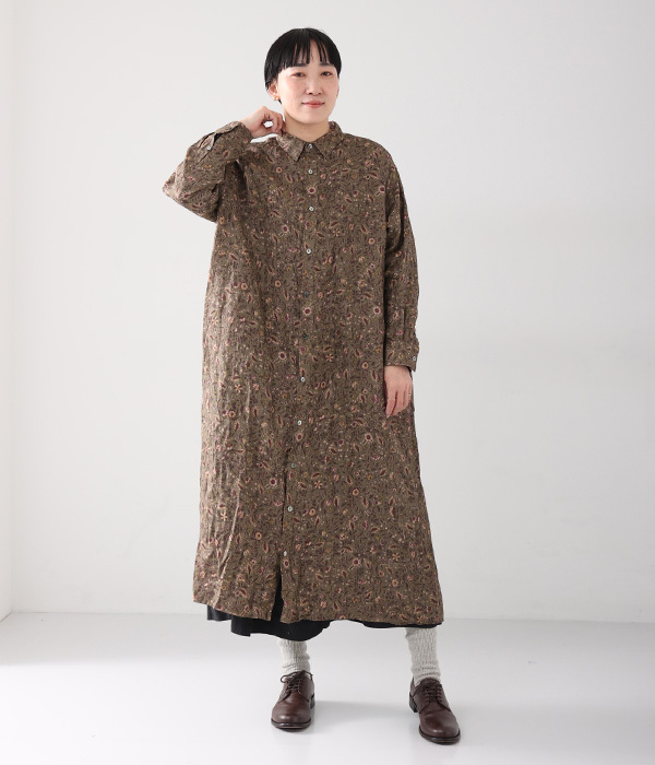 リネンフローラルパターン　ドレス(A・モカ)