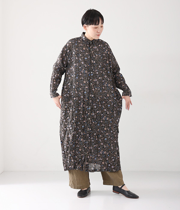 リネンフローラルパターン　ドレス(B・ブラック)