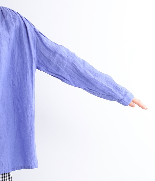フレンチリネンキャンバス バンドカラーシャツ(ブルー)