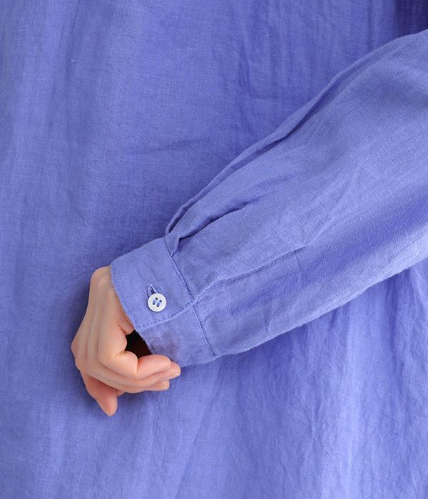 フレンチリネンキャンバス バンドカラーシャツ(ブルー)
