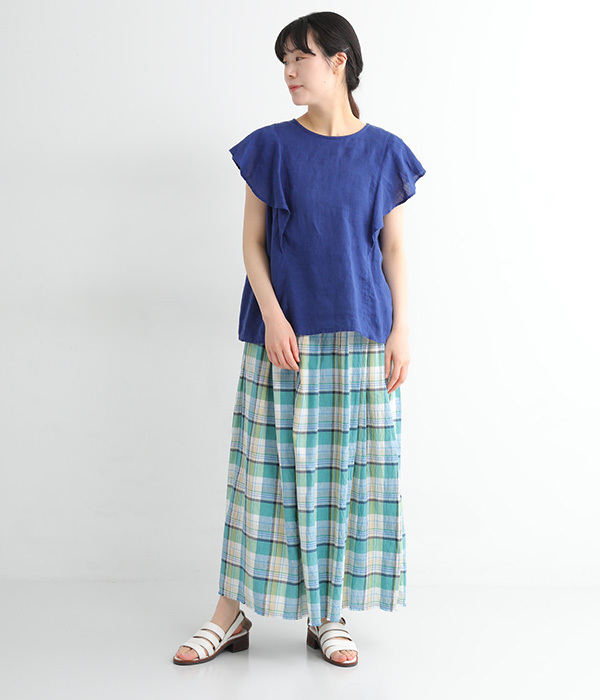 リネンコットンマドラスチェック　裾フリンジタックスカート(A・レッド/ブルー)