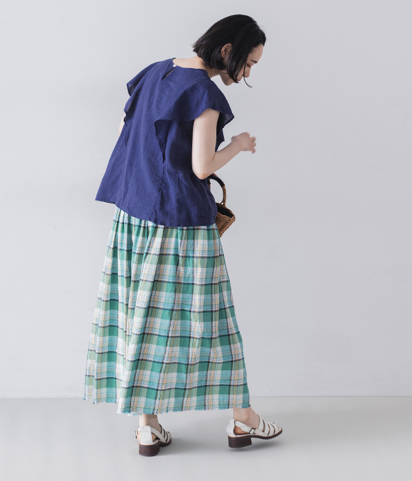 リネンコットンマドラスチェック　裾フリンジタックスカート(B・グリーン/ブルー)
