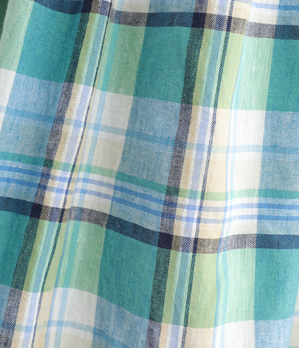 リネンコットンマドラスチェック　裾フリンジタックスカート(B・グリーン/ブルー)