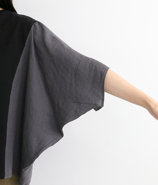 フレンチリネンキャンバスワッシャー　袖配色ラグランプルオーバー(B・ブラック/チャコール)