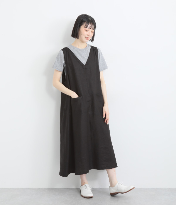 リネンレーヨンツイル　2wayジャンパースカート(ブラック)