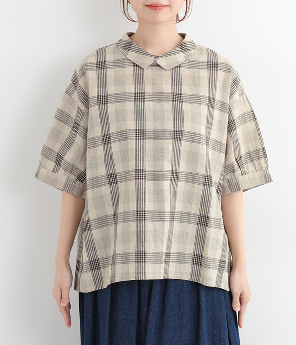 ホワイトのみ》blue willowのコットンリネンチビ衿ブラウス