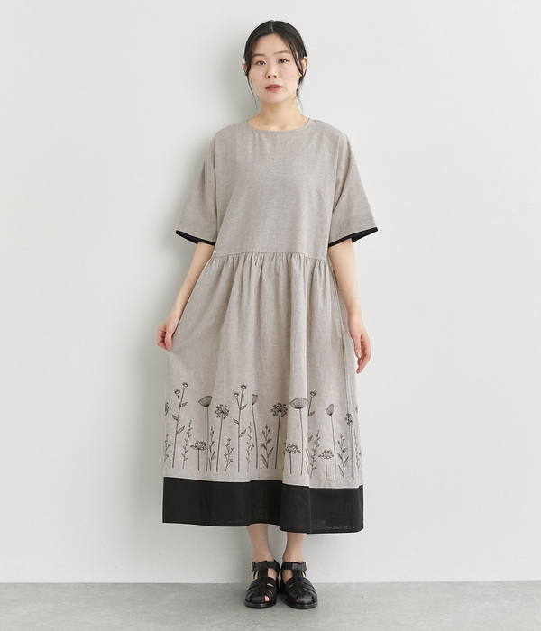 コットンリネン平織り配色切替刺繍ワンピース(A・ブラック)