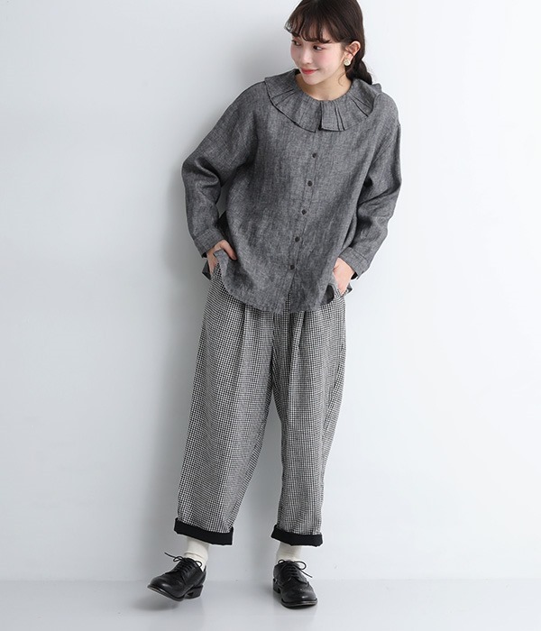 コットンリネンヘリンボーンギンガム/平織りチェック　裾配色パンツ(A・ギンガム)