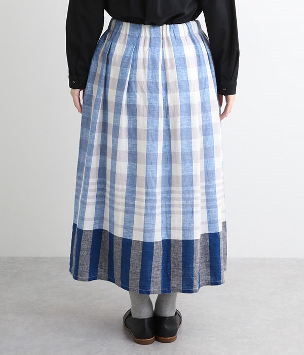 リネン平織りパネルチェック　スカート(B・ブルー)