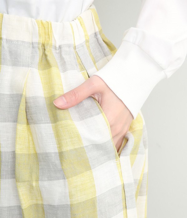 リネン平織りパネルチェック　スカート(B・ブルー)