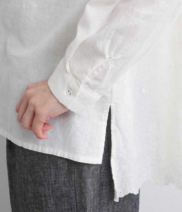 コットンリネン平織り刺繍　スカラップ刺繍ブラウス(A・ホワイト)