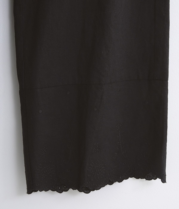 コットンリネン平織り刺繍　スカラップ刺繍パンツ(B・ブラック)