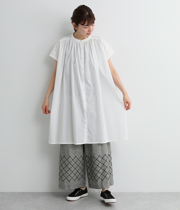 コットンリネン平織り 刺繍パンツ(C・チドリ)