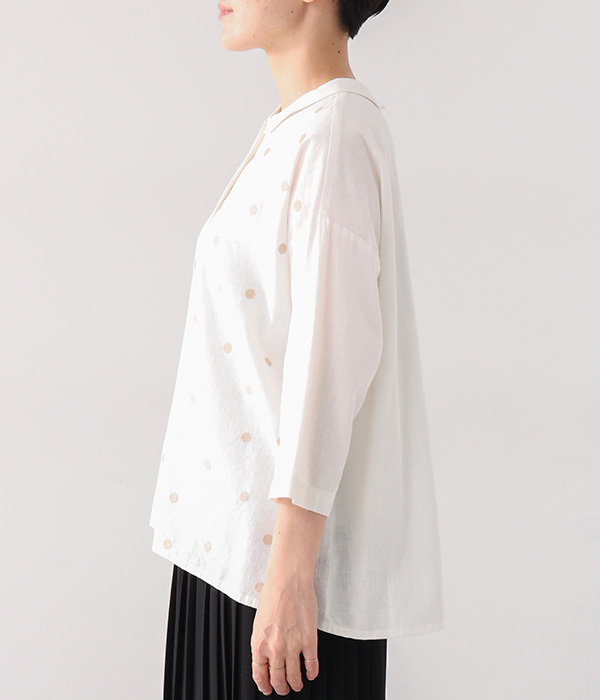 コットンリネン平織りドット刺繍シャツ(A・ホワイト)
