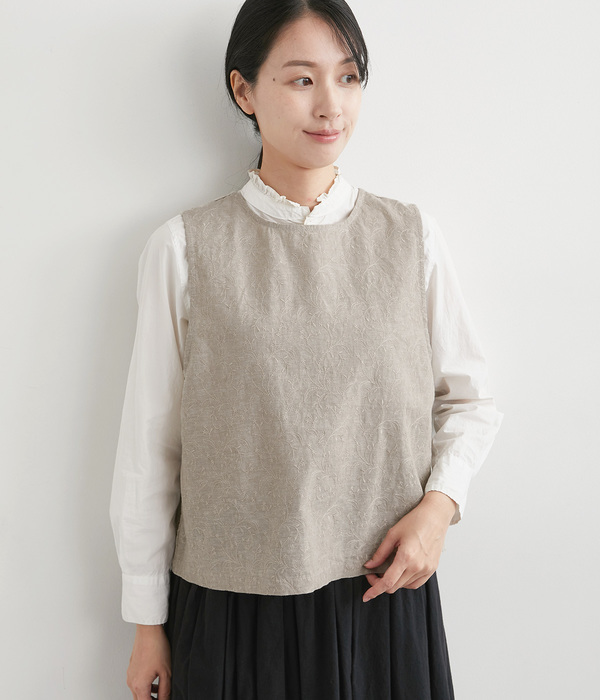 コットンリネン刺繍ベスト(B・ベージュ)