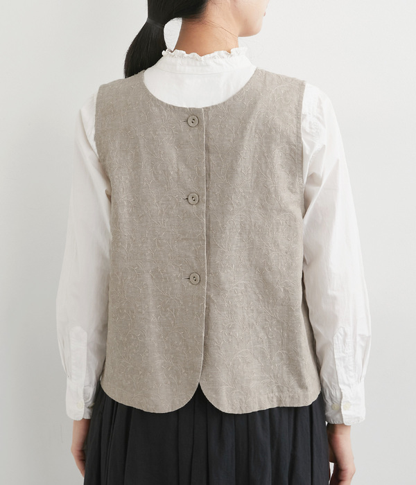 コットンリネン刺繍ベスト(B・ベージュ)