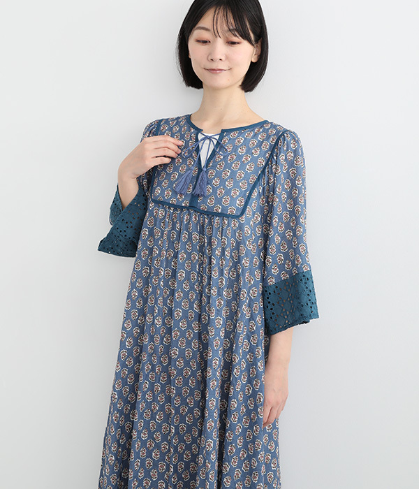 フラワープリントデザインドレス(スモークブルー)