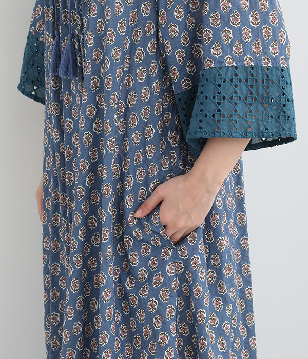 フラワープリントデザインドレス(スモークブルー)