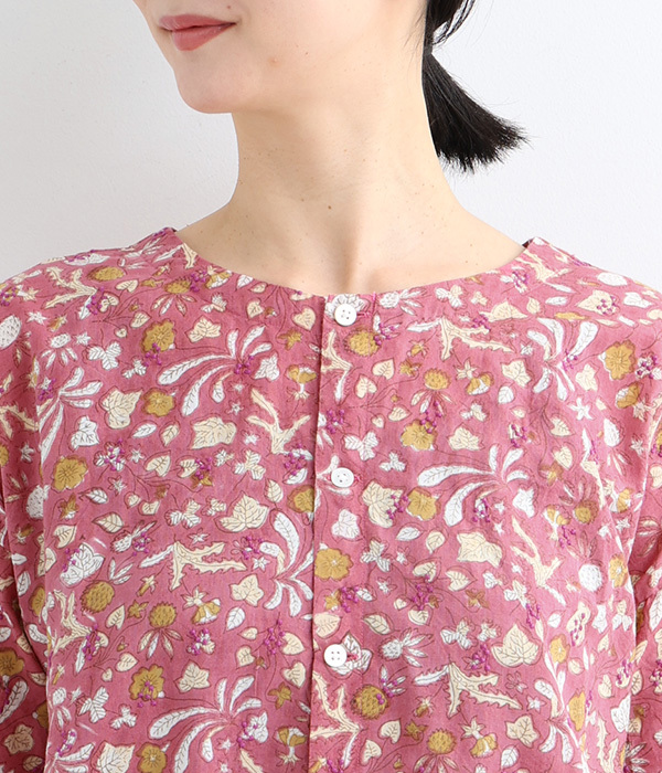 ブロックプリント刺繍ダブルフェイスワンピースドレス(A・ピンク)