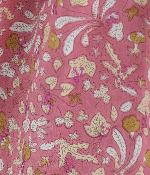 ブロックプリント刺繍ダブルフェイスワンピースドレス(A・ピンク)