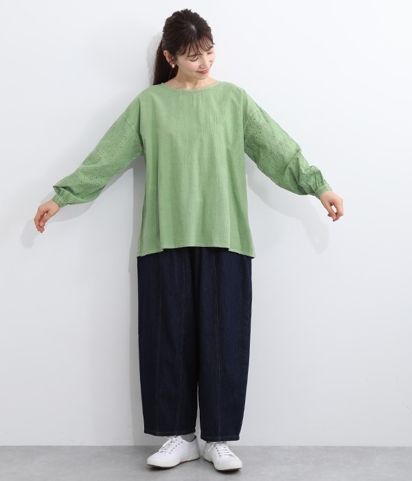 ピグメント　刺繍袖ギャザープルオーバー(B・グリーン)