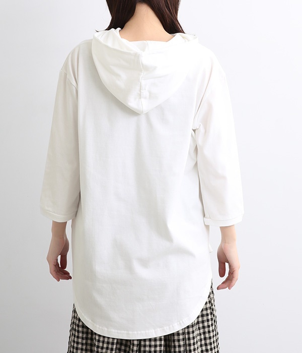 裾ラウンドフード付き　7分袖Tシャツ(A・オフホワイト)
